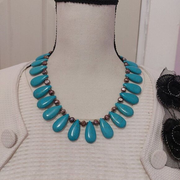 Jewelry - SOLD Teardrop Howlite Turquoise Purple Freshwater Pearl Fringed Collar Necklace